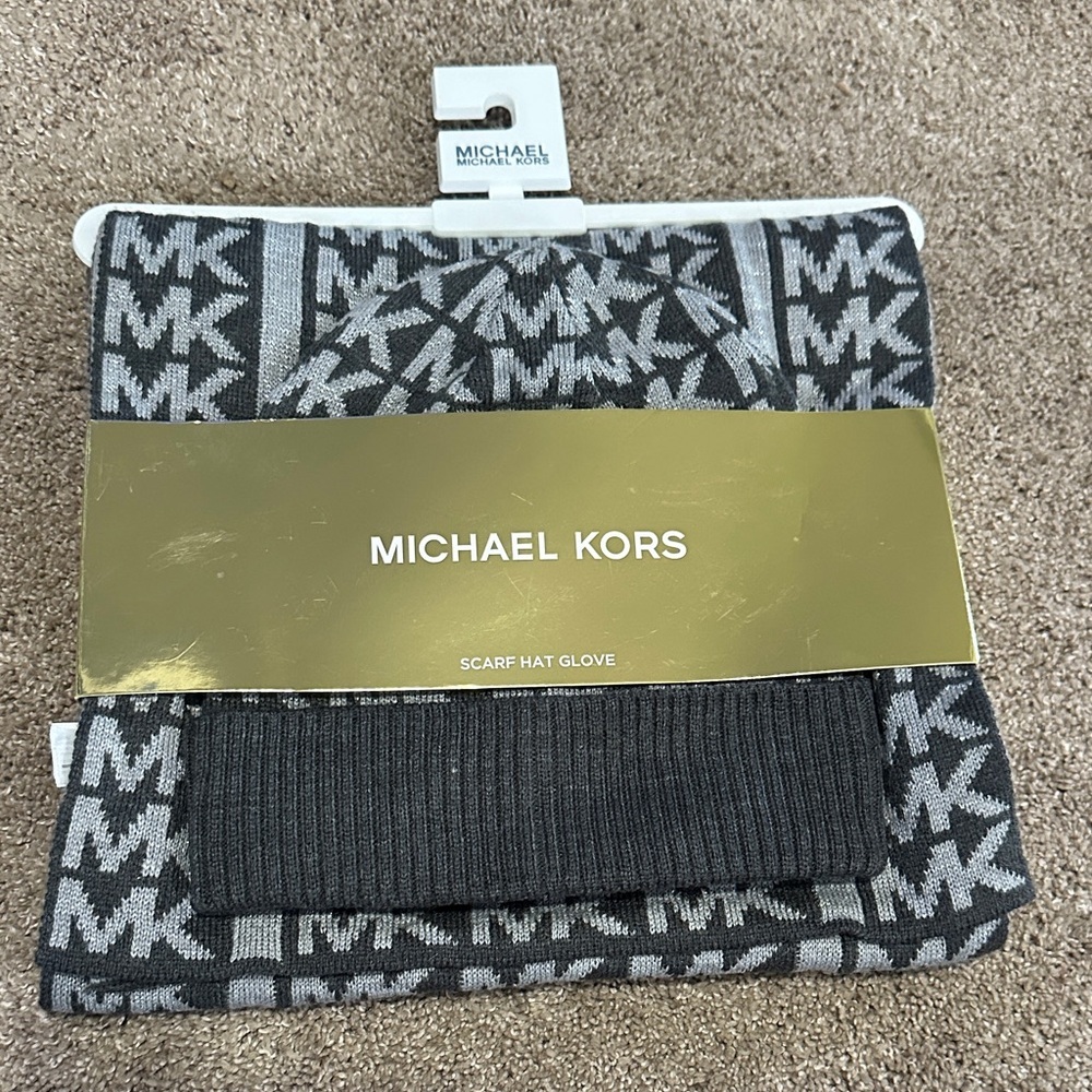Michael Kors Black & Gray MK Logo Scarf, Hat & Glove Set